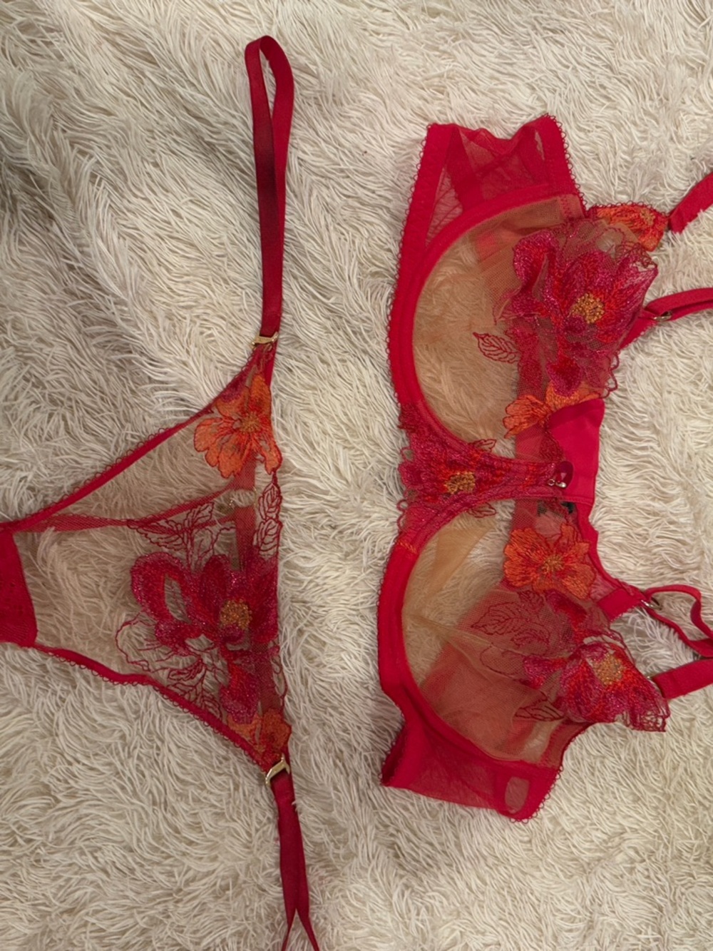 Honey Birdette Christine 38D Red Sheer Floral Embroidered Bra & Thong